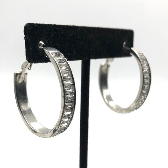 Hoops w/ Baguettes Crystals in Silver Plated - Picture 3 of 3